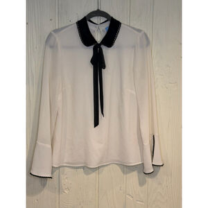 CeCe White Blouse Black Collar Bow Size Small